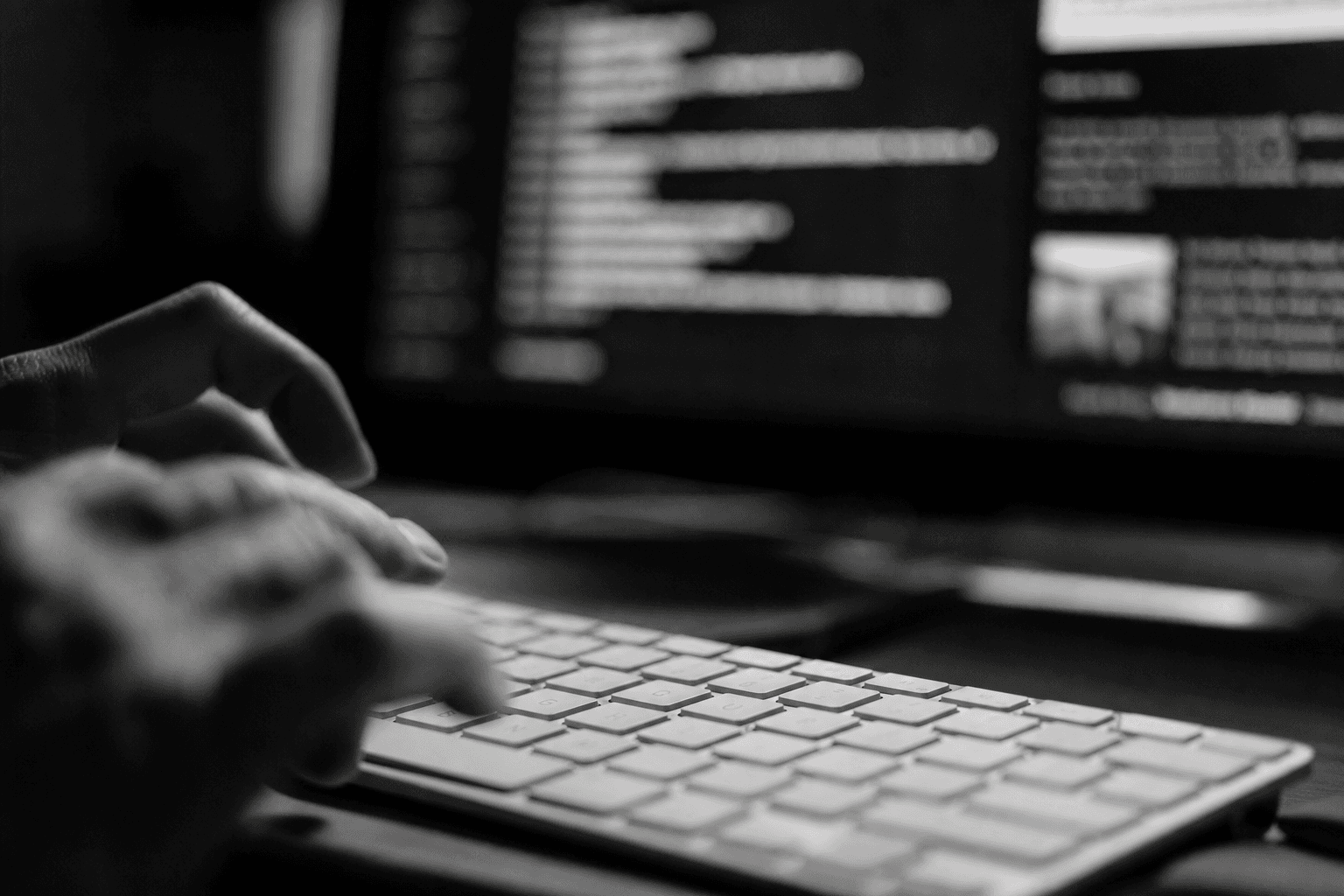Hands typing content at a keyboard with a monitor in the background